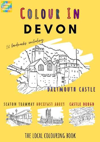 Devon colouring book cover with line drawing of Dartmouth Castle and landmarks.
