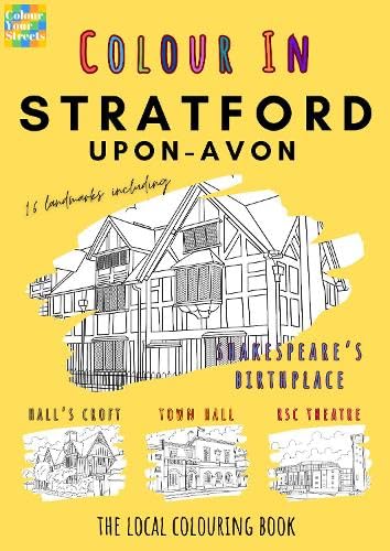 Colouring book cover featuring line drawings of Stratford-upon-Avon landmarks.