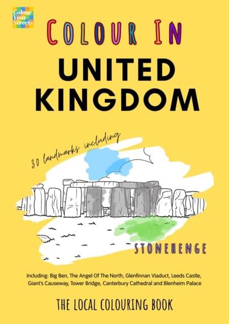 Colouring book cover with sketched Stonehenge and text "Colour In United Kingdom".