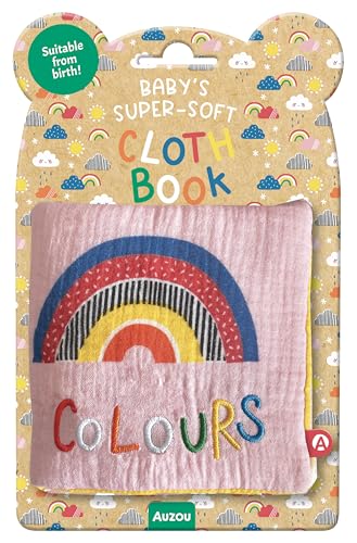 Pink cloth baby book with embroidered rainbow and “Colours” text.