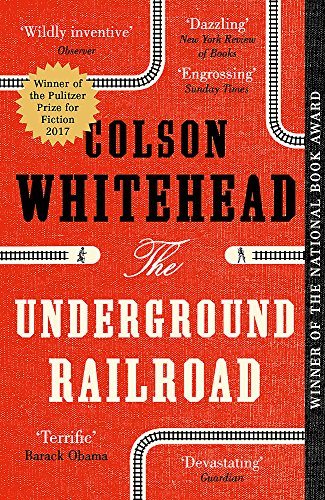 Red book cover with white text: "The Underground Railroad" by Colson Whitehead.