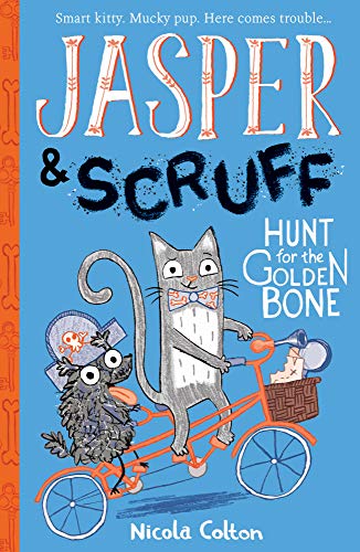 Book cover: cat and dog riding a red bicycle, title "Jasper & Scruff.