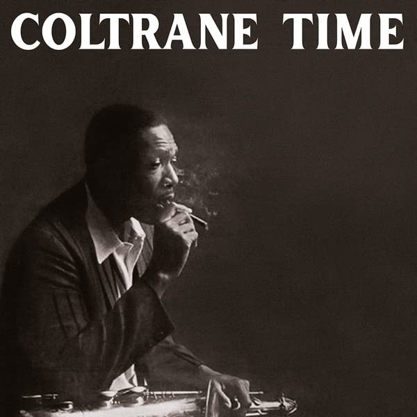 Black and white album cover featuring jazz musician John Coltrane playing saxophone.