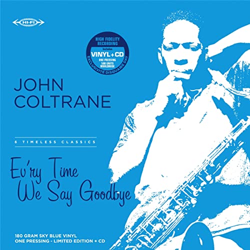 John Coltrane album cover: blue background, portrait, and saxophone.
