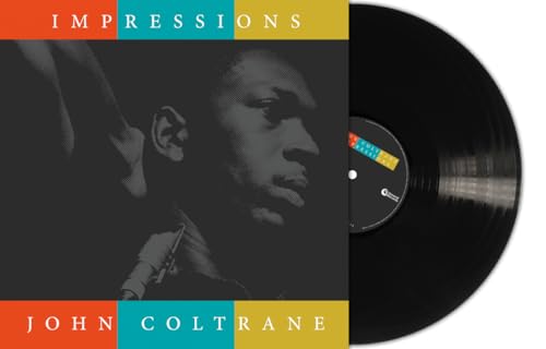 John Coltrane’s “Impressions” vinyl record with album cover and black disc.