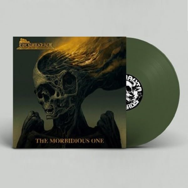 Vinyl record cover featuring a skeletal figure with flowing hair next to green vinyl.