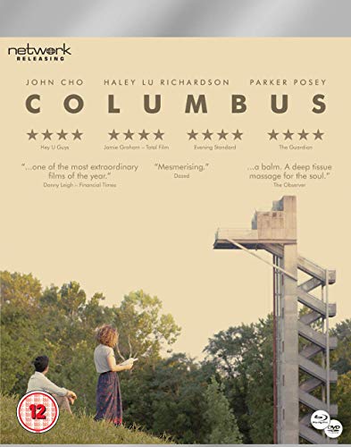 Columbus Blu-ray cover featuring a woman, a man, and a concrete tower.