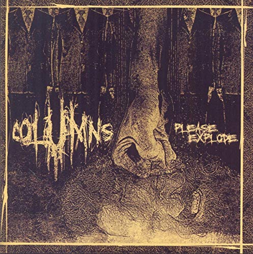 Distorted album cover with a face and figures in suits, sepia tone.