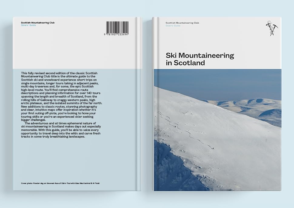 Book cover: “Ski Mountaineering in Scotland” with snowy mountain image.