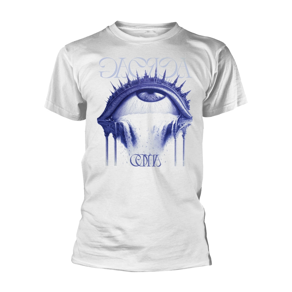 White t-shirt with a blue eye and gothic architecture design.