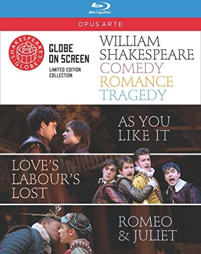 "Blu-ray cover featuring scenes from three Shakespeare plays: As You Like It, Love's Labour's Lost, and Romeo & Juliet."