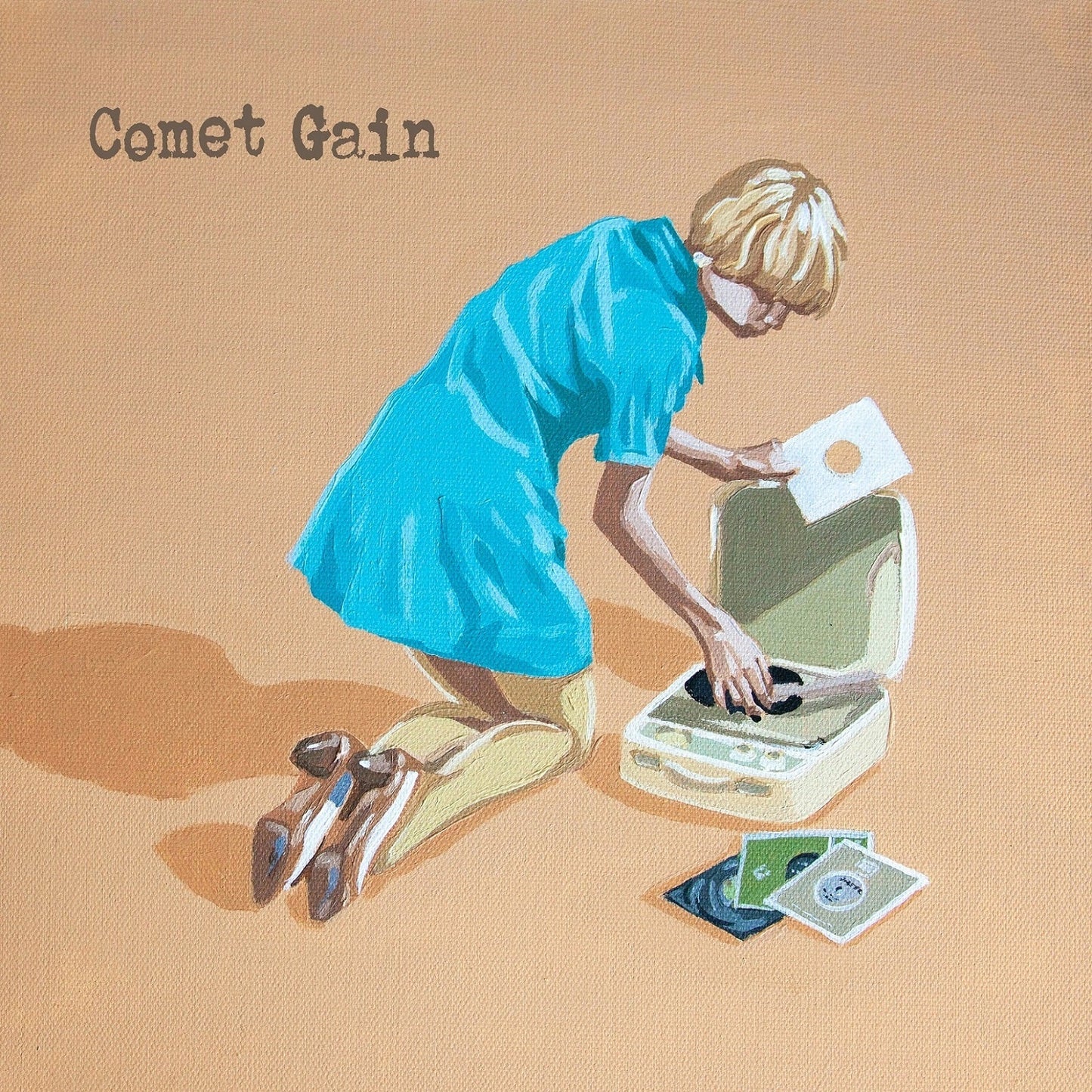 Painted album cover: person with record player and vinyl records.