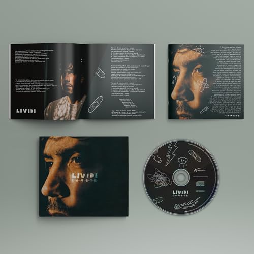 CD packaging for "Comete - Lividi" featuring a portrait and abstract designs.