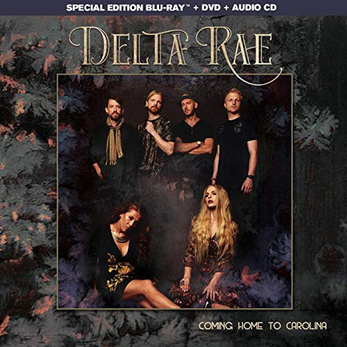"Blu-ray cover featuring Delta Rae band members in dark attire against a forest background."