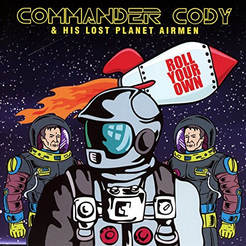 Retro album cover featuring astronauts and a rocket with text.