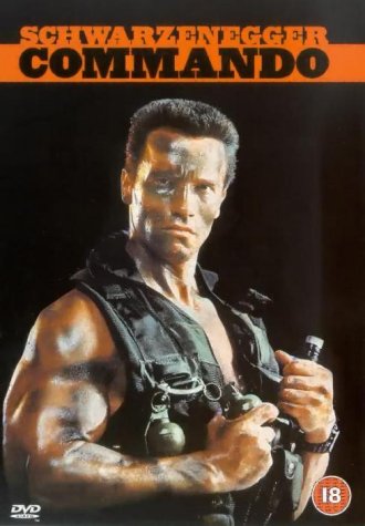 Commando DVD cover featuring Arnold Schwarzenegger, muscular and holding grenades.