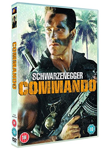DVD case for "Commando" featuring Arnold Schwarzenegger holding a gun, with palm trees in background.