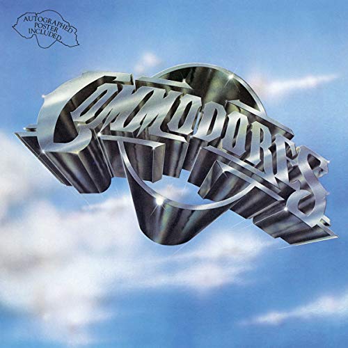 Commodores album cover with metallic 3D lettering against a blue sky.