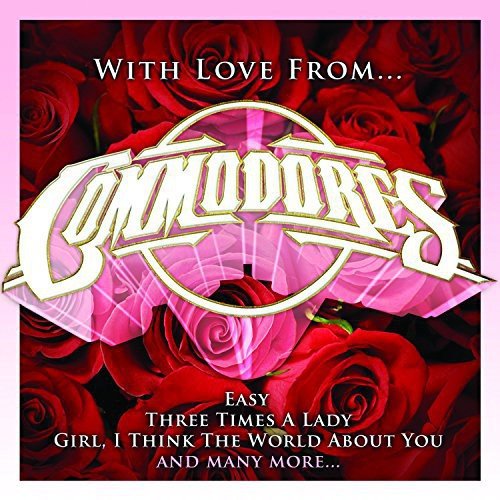 "Album cover with 'Commodores' in gold, surrounded by red roses and pink border."