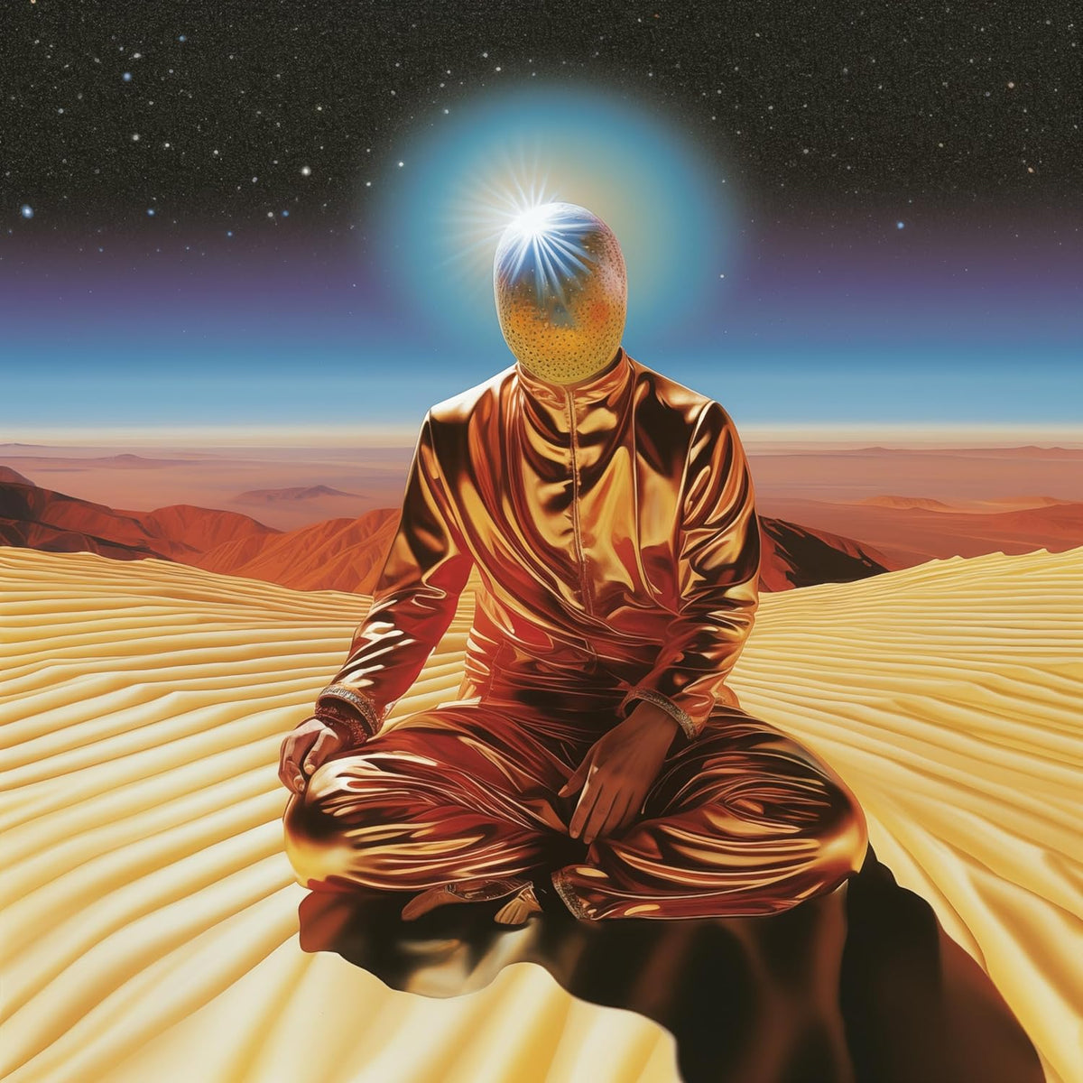Figure in a gold suit meditating in a desert under a starry sky.