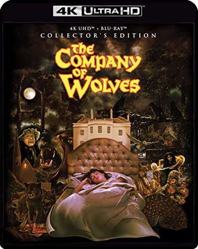 “Company of Wolves” Blu-ray cover: a girl in bed, wolves, and a house.