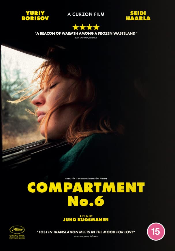 DVD cover for "Compartment No. 6" featuring a woman looking out a train window.