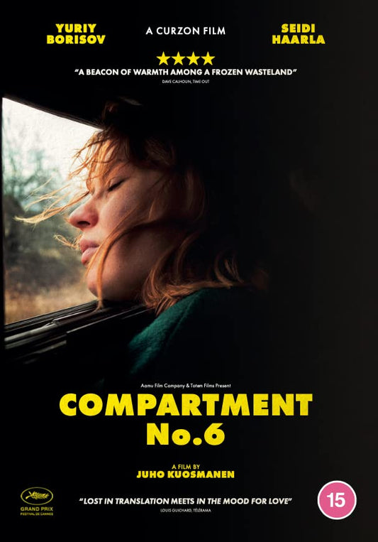 DVD cover for "Compartment No. 6" featuring a woman looking out a train window.