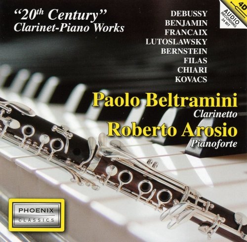 CD cover featuring a clarinet, piano keys, and composer names.