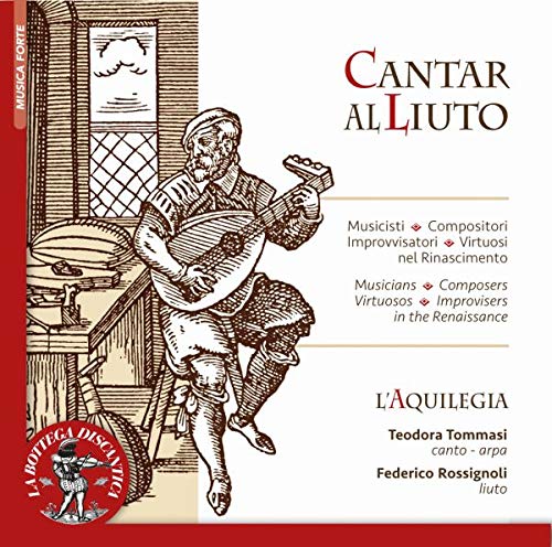 CD cover: Renaissance man playing a lute, detailed engraving style.