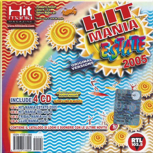CD cover for “Hit Mania Estate 2005” with colorful suns and waves.