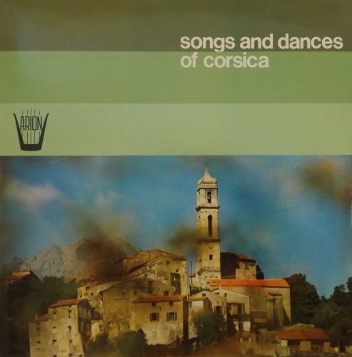 Corsican village scene with a church tower, vinyl record cover.