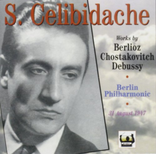 Black and white portrait of Sergiu Celibidache with composer names.