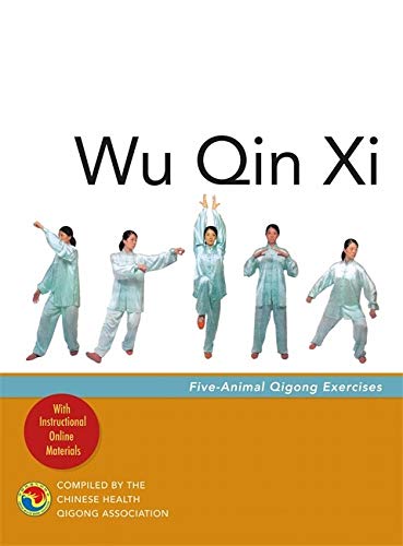 Book cover showing five people in light blue uniforms performing Qigong exercise poses.