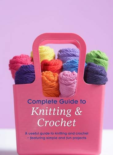 Pink tote bag filled with colorful yarn balls and a knitting guide.
