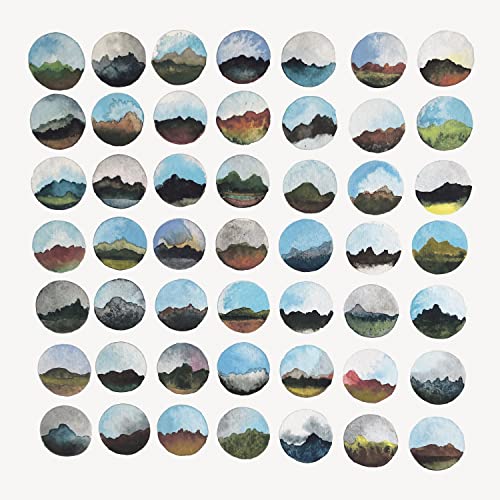 A grid of circular watercolor paintings depicting various mountain landscapes against a white background.