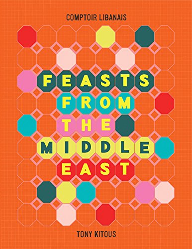 Book cover: “Feasts From The Middle East” with colorful geometric design.