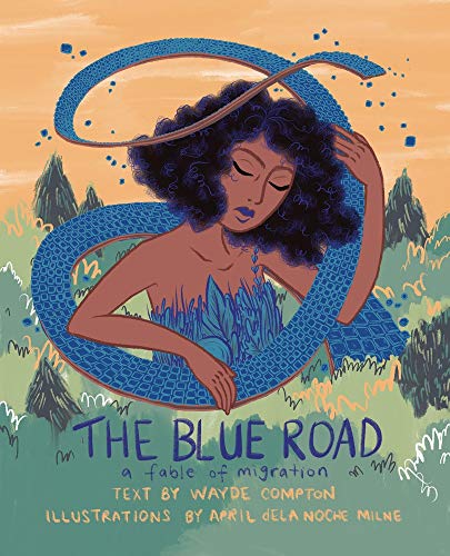 Book cover: woman with dark curls, blue road, and green trees.