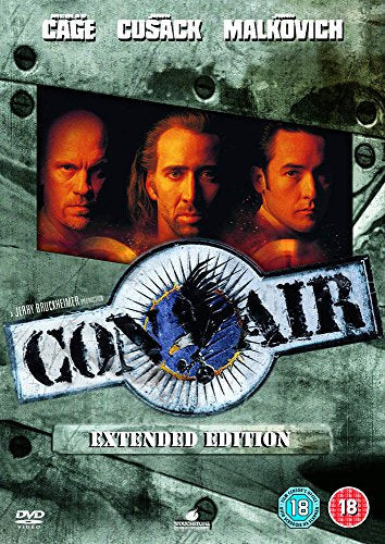 DVD cover for Con Air featuring portraits of John Malkovich, Nicolas Cage, and John Cusack.