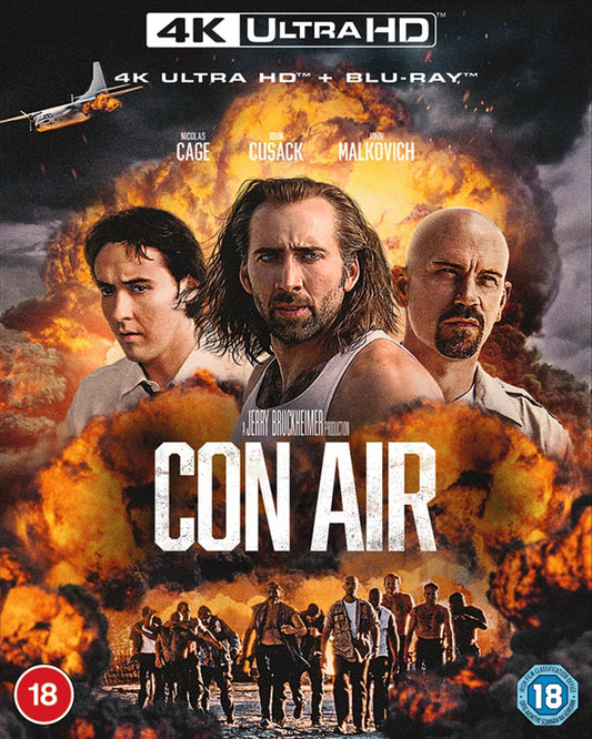 Con Air UHD Blu-ray cover featuring Nicolas Cage, John Cusack, and explosions.