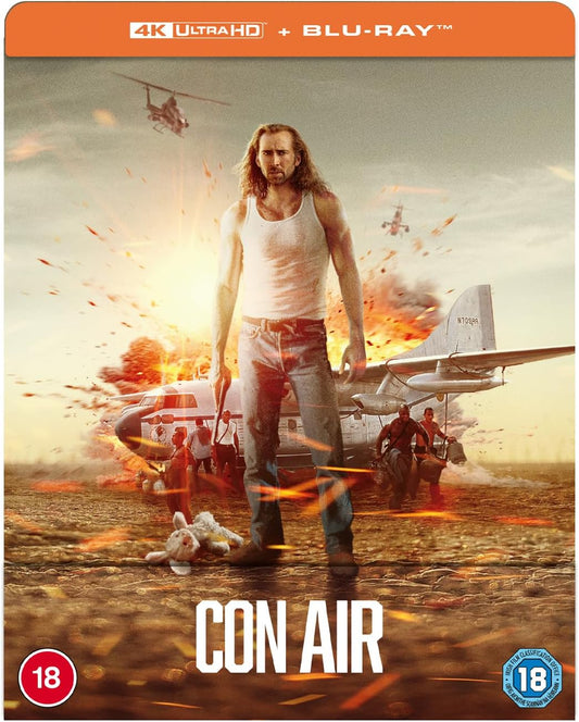 “Con Air” UHD Steelbook cover featuring Nicolas Cage amidst an airplane crash.