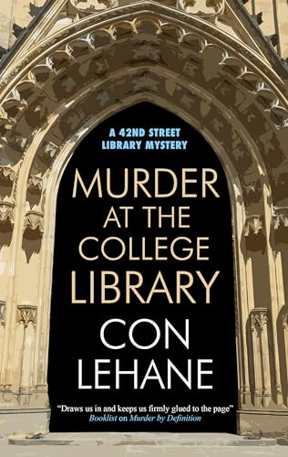 Book cover: “Murder at the College Library” with gothic archway background.