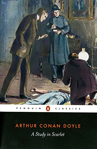 Book cover: "A Study in Scarlet" depicts a crime scene investigation.