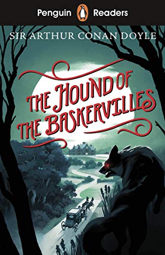 Book cover: "The Hound of the Baskervilles" with a wolf and manor illustration.