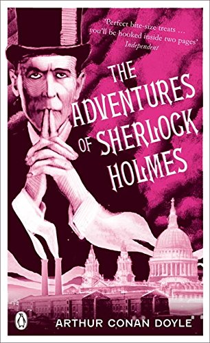 Book cover: Sherlock Holmes, pink and grey tones, London cityscape.