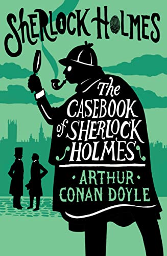 Green book cover featuring Sherlock Holmes with a magnifying glass.