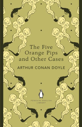Book cover: "The Five Orange Pips" by Arthur Conan Doyle, with guns and pipes.
