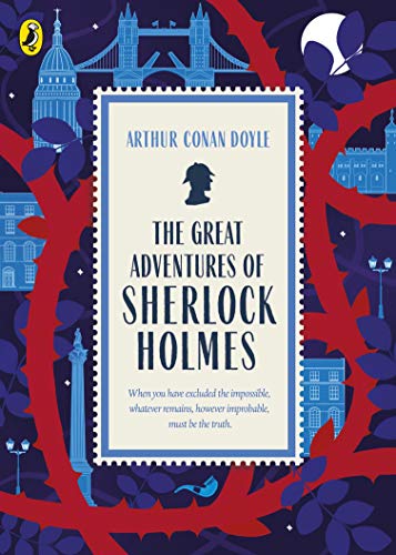 Book cover for “The Great Adventures of Sherlock Holmes” with London imagery.