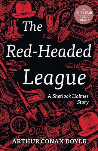 Book cover: "The Red-Headed League" with Sherlock Holmes imagery in red.
