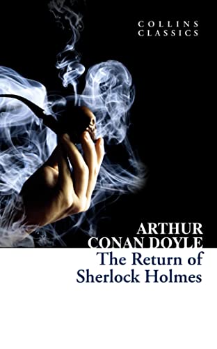 Book cover: hand with pipe, smoke, and title "The Return of Sherlock Holmes".
