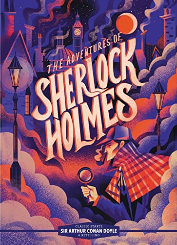 Book cover for "The Adventures of Sherlock Holmes" with illustrated London scene.